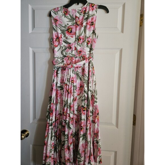 Tahari Pink Green Floral Print Pleated  Belted Midi Dress Sz 6 Pink White Green - Picture 7 of 8